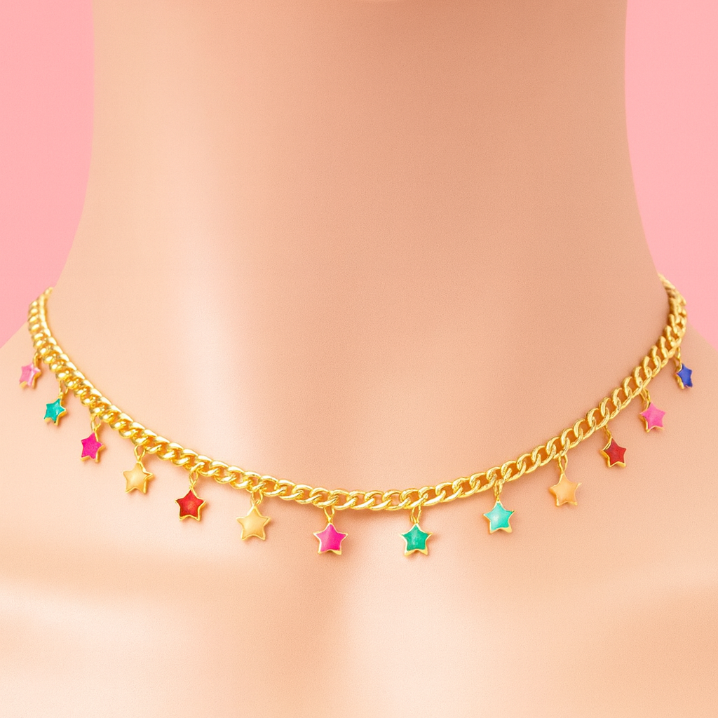 Gold chain necklace with colorful star-shaped pendants on a pink background