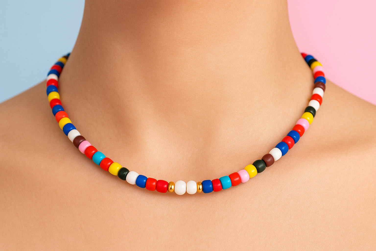 Colorful beaded necklace on a person against a light blue and pink background