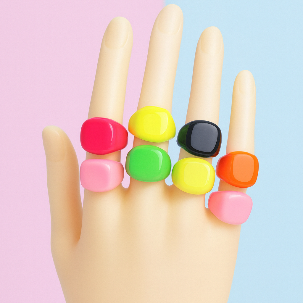 Hand wearing colorful rings on a two-tone pink and blue background