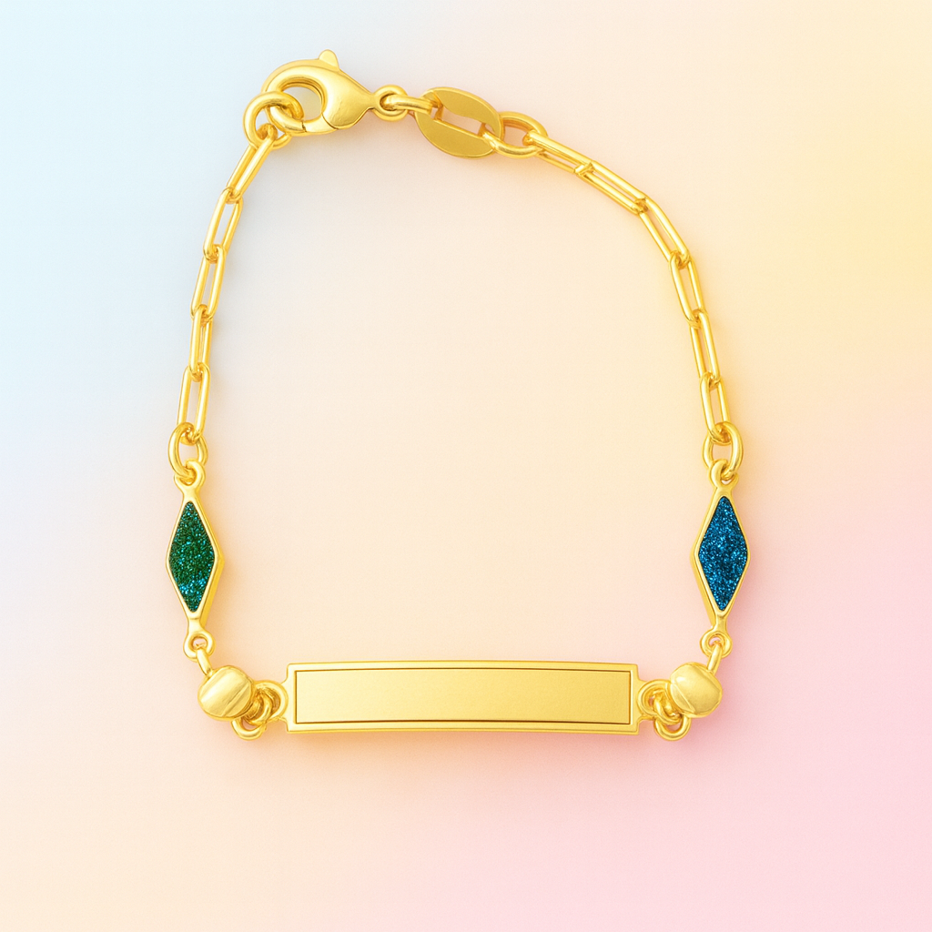Gold bracelet with green gemstones on a gradient background