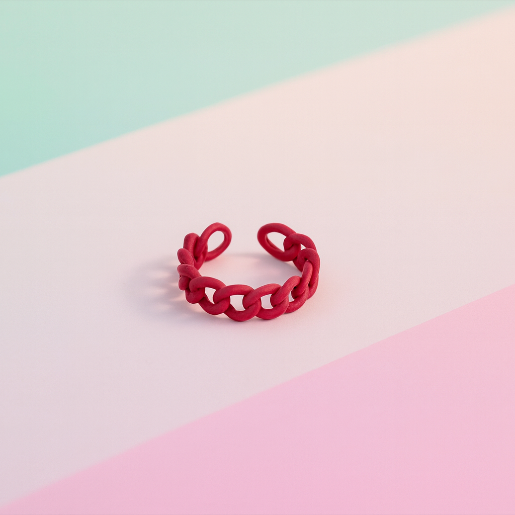 Red chain-style ring on a pink and green geometric background