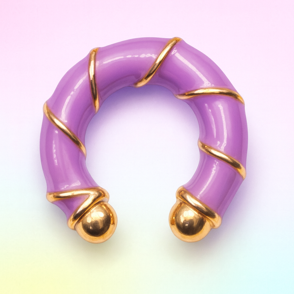 Purple ear cuff with gold accents on a gradient background