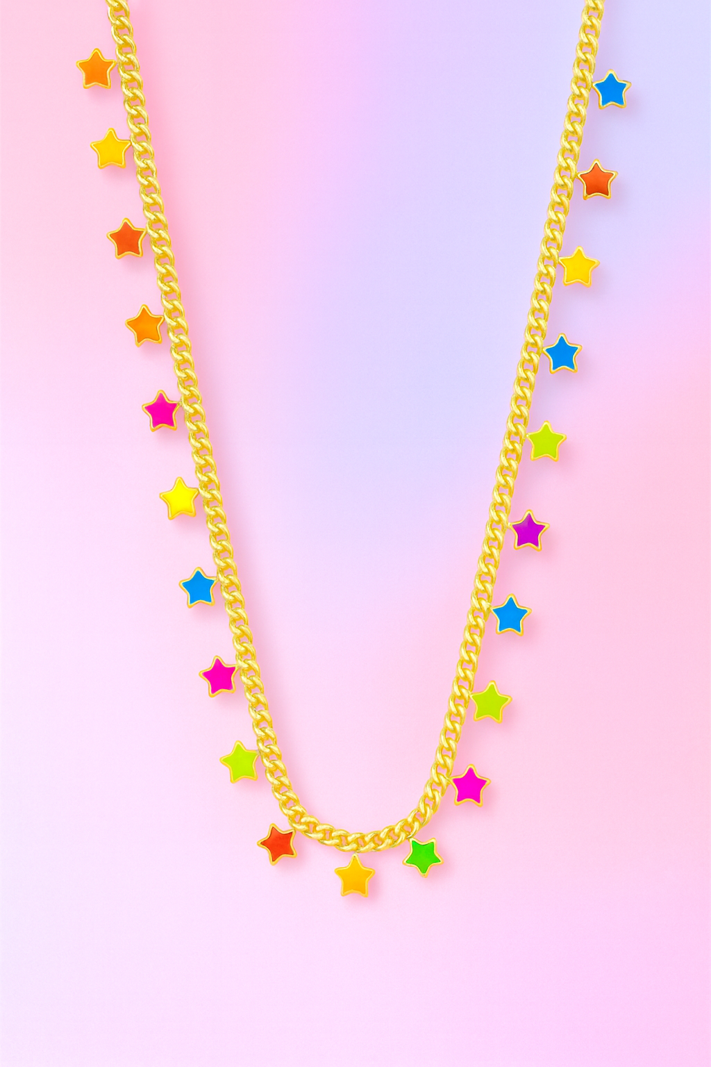 Necklace with colorful star-shaped pendants on a gradient pink and purple background