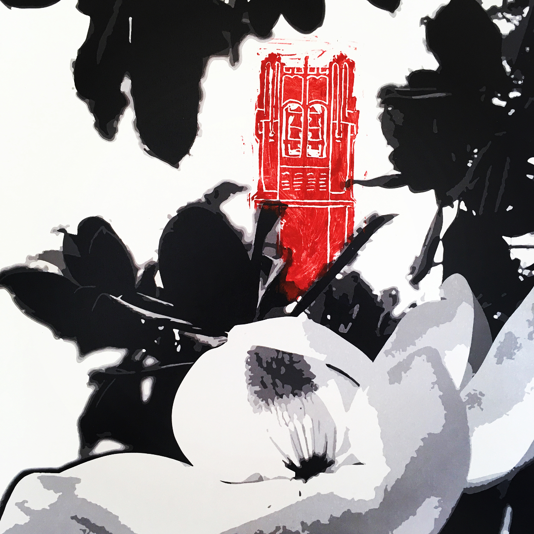 mixed media printmaking century tower and magnolia flower